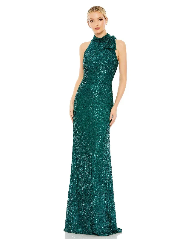 Sequined Soft Tie Halter Neck Column Gown