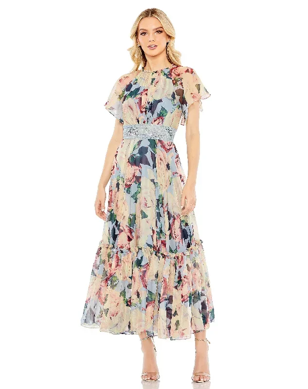 Floral Chiffon High Neck Flutter Sleeve Dress