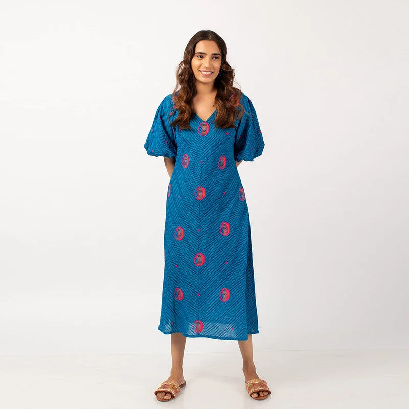 100% Cotton Blue Midi Dress