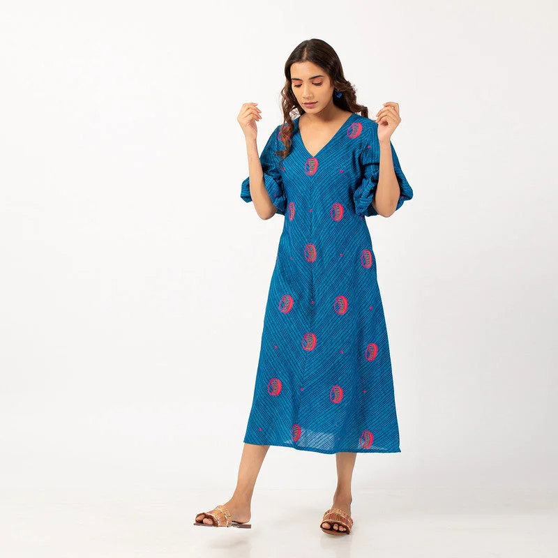 100% Cotton Blue Midi Dress