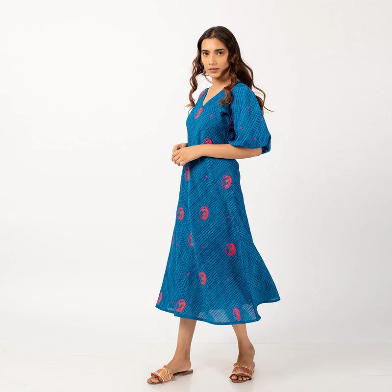 100% Cotton Blue Midi Dress