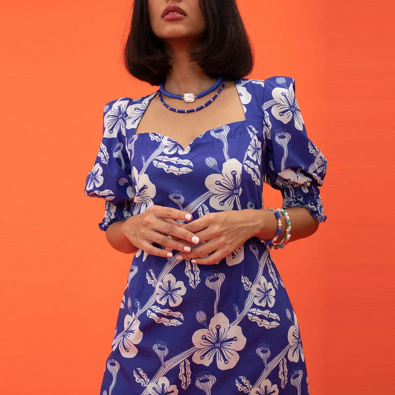 100% Cotton Printed Midi Dress | Blue