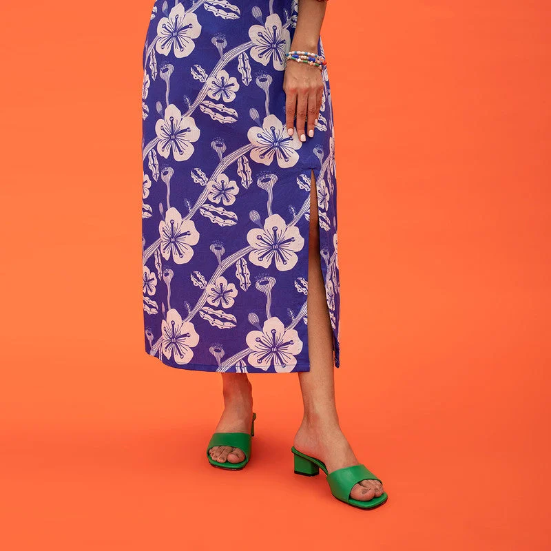 100% Cotton Printed Midi Dress | Blue