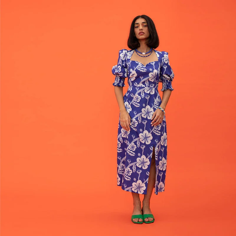 100% Cotton Printed Midi Dress | Blue