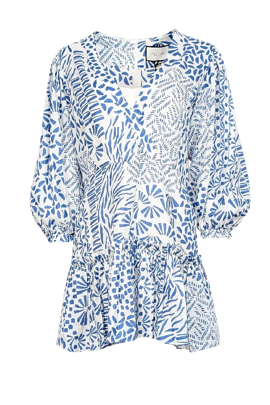 Alexis - Off-White & Blue Abstract Print Linen Mini Dress Sz L