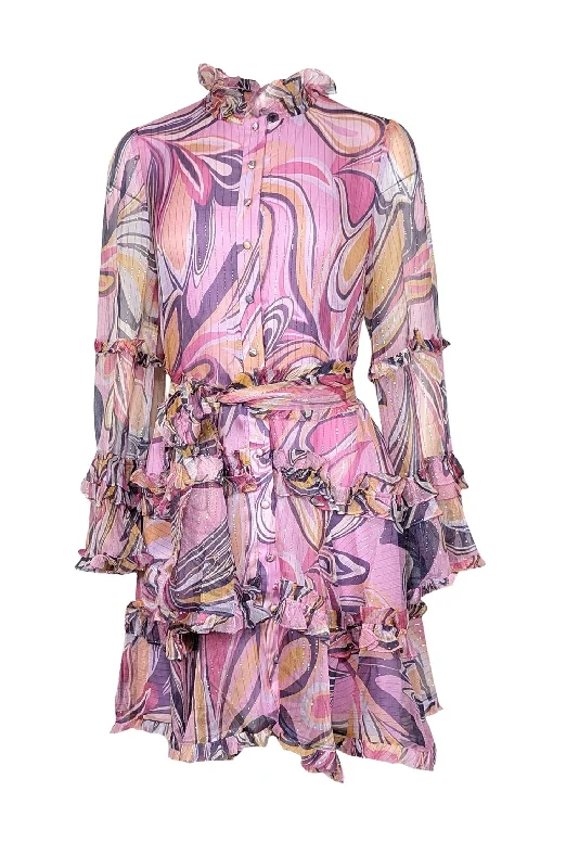 Alexis - Pink & Purple Paris Ruffled Silk Blend Mini Dress Sz M