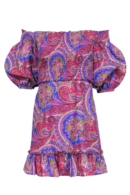 Alexis - Pink Multicolor Paisley Print Off-the-Shoulder Mini Dress Sz S