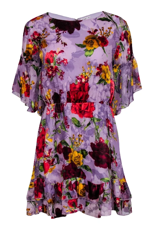 Alice & Olivia - Purple w/ Multicolor Burnout Floral Print Ruffled Mini Dress Sz 6