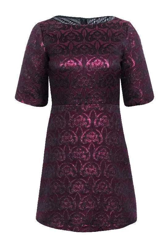 Alice & Olivia - Maroon Brocade Metallic Floral Print Mini Dress Sz 2