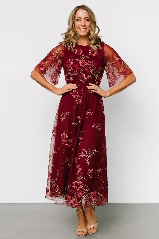 Arabella Embroidered Tulle Maxi Dress | Burgundy Floral