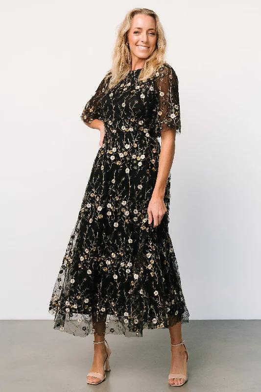 Arabella Embroidered Tulle Maxi Dress | Gold + Black