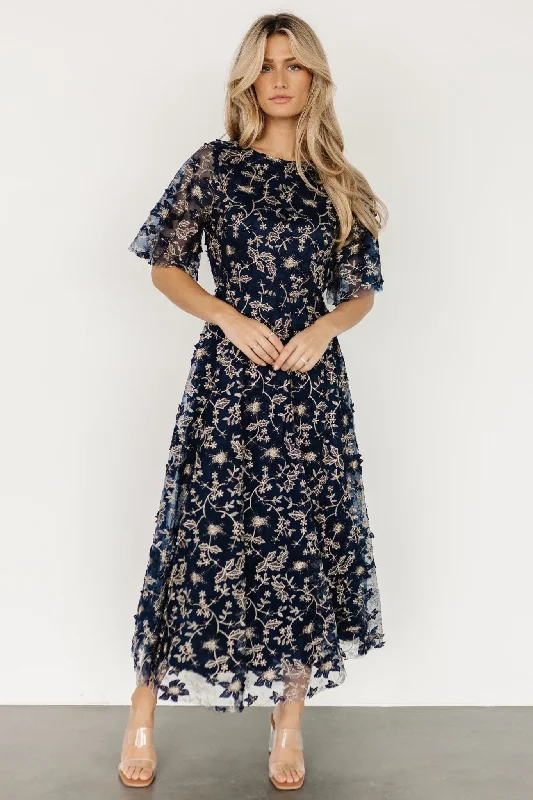 Arabella Embroidered Tulle Maxi Dress | Navy + Gold