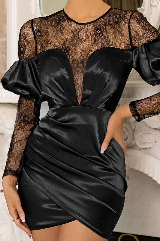 For You | Black Bardot Lace Detail Satin Mini Dress