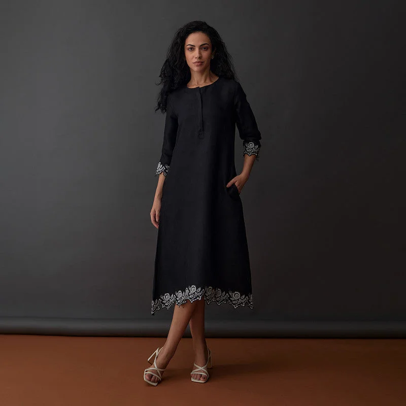 Black Midi Dress for Women | Embroidered | Hand Scapolled