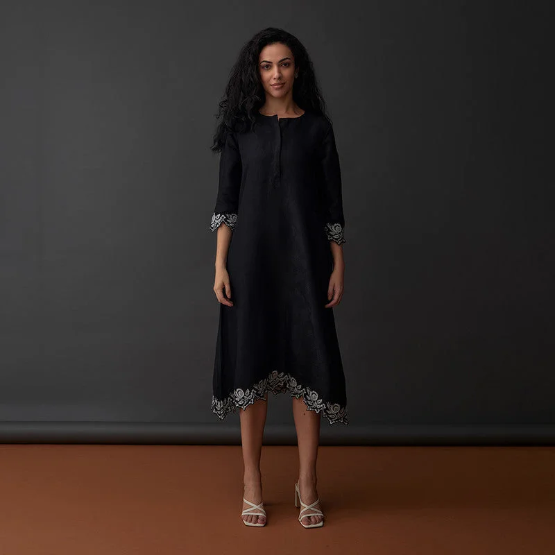 Black Midi Dress for Women | Embroidered | Hand Scapolled