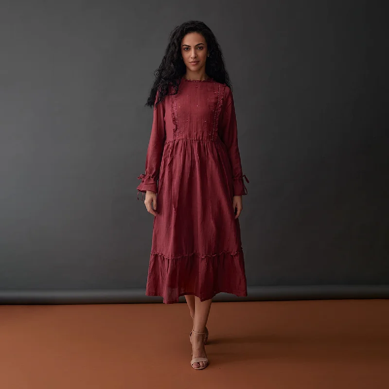 Midi Dress for Women | Crinkled Cupro Fabric | Red Plum