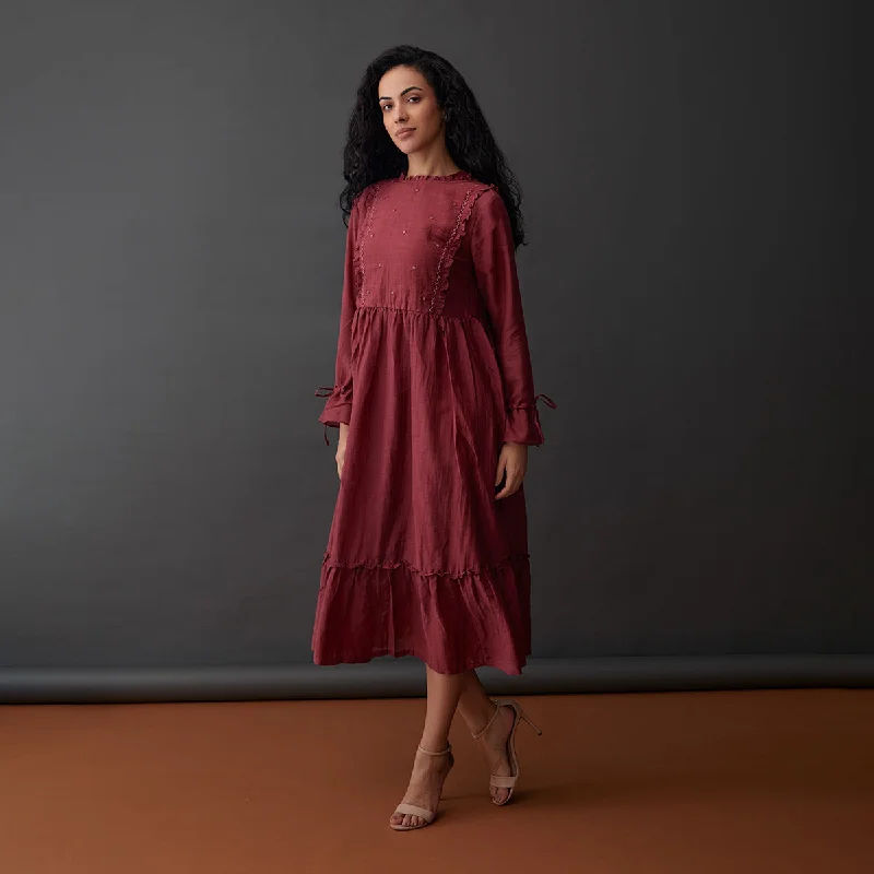 Midi Dress for Women | Crinkled Cupro Fabric | Red Plum