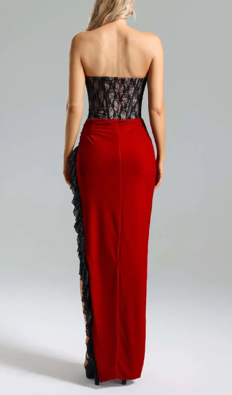 BURGUNDY LACE VELVET CORSET SLIT MAXI DRESS