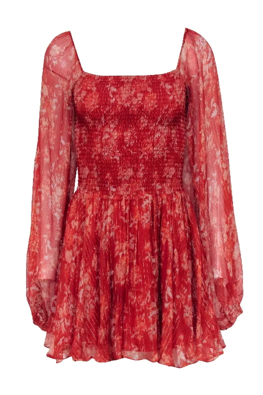 Caroline Constas - Rust Red Floral Print Silk Chiffon Mini Dress Sz S