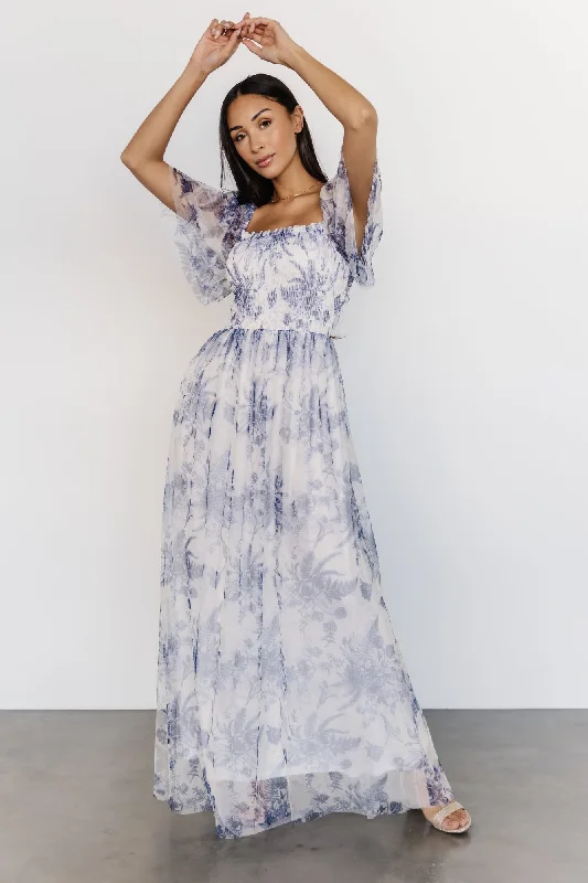 Cassandra Tulle Maxi Dress | Blue + White Floral