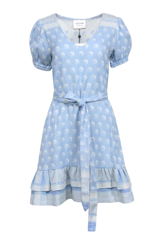 Cecilie Copenhagen - Light Blue & Ivory Yin & Yang Belted Mini Dress Sz S