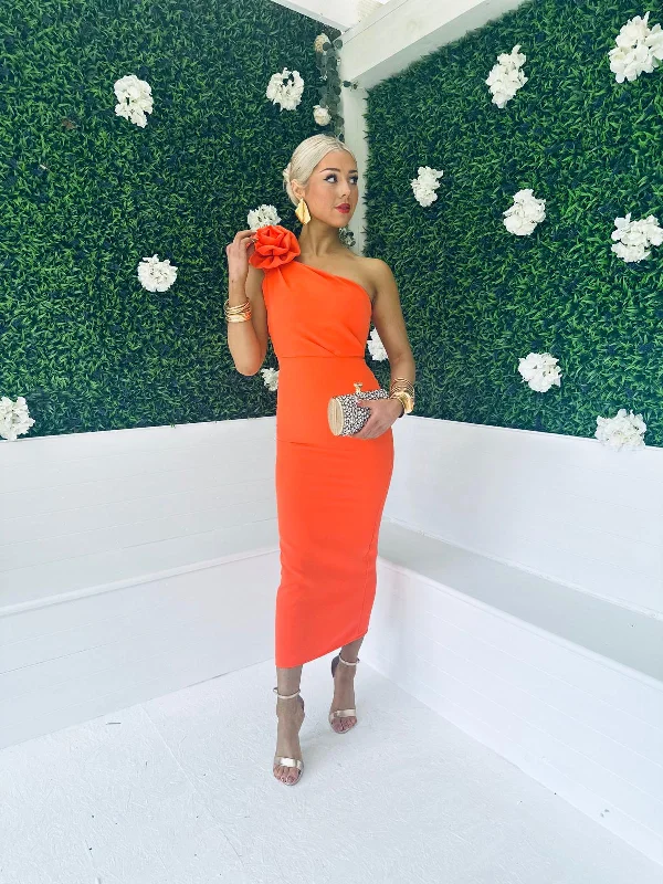 Chelsea Shoulder Occasion Midi Dress Orange