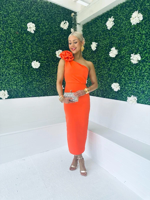 Chelsea Shoulder Occasion Midi Dress Orange