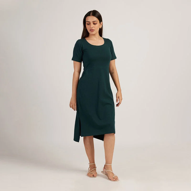 Cotton Midi Dress for Women | Knee Length | Green