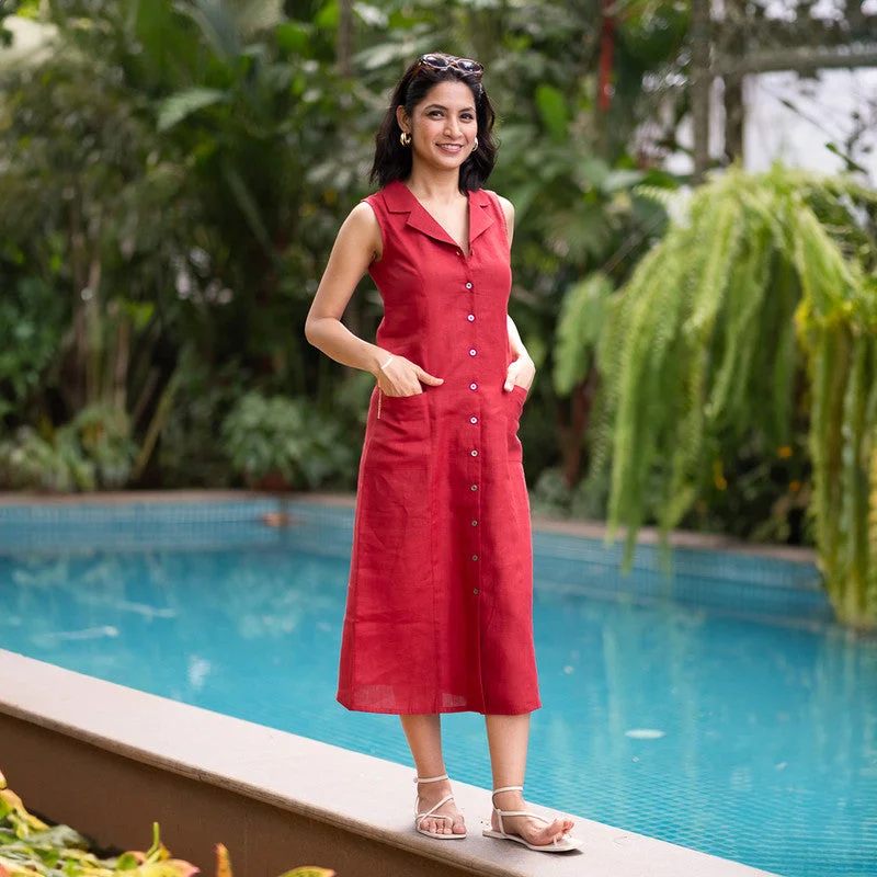 Linen Midi Dress for Women | Indian Red | Notch Collar