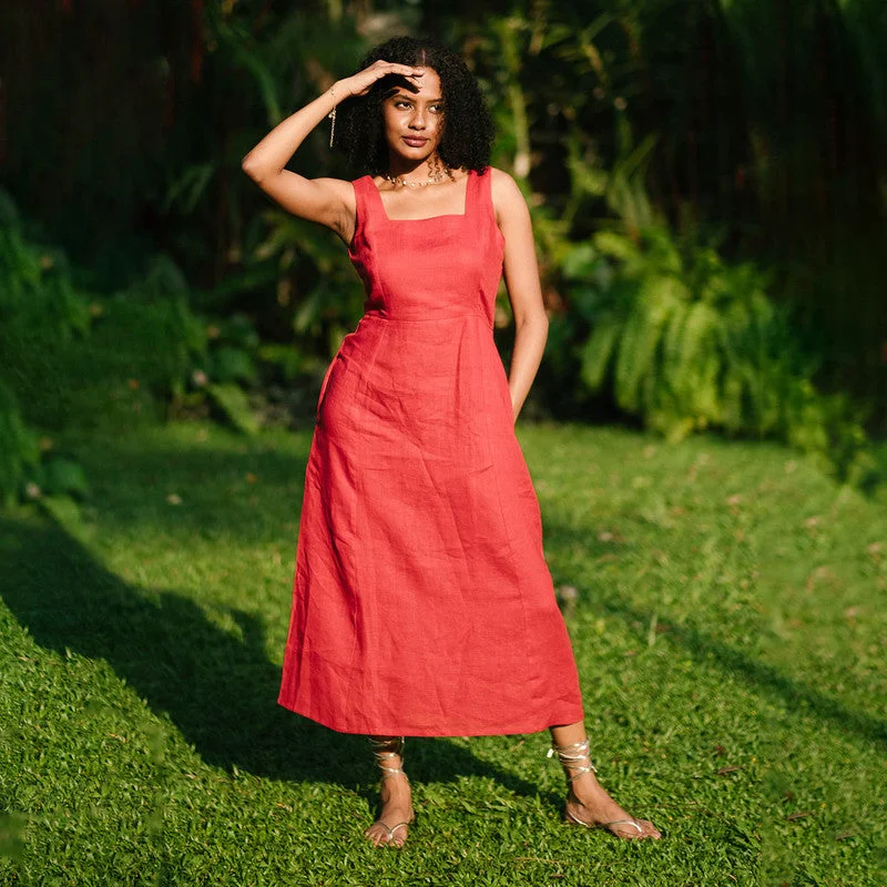 Linen Midi Dress for Women | Indian Red | Sleeveless