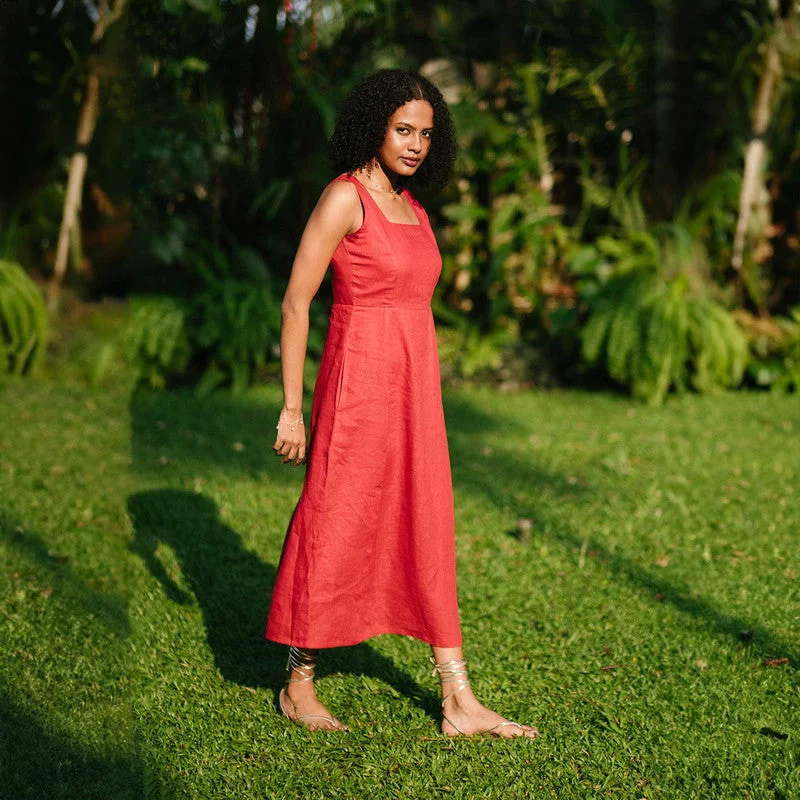 Linen Midi Dress for Women | Indian Red | Sleeveless