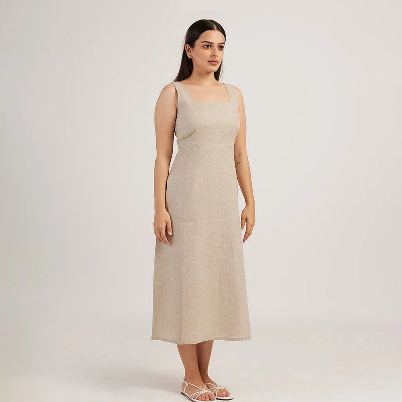 Linen Midi Dress for Women | Mid-Calf Length | Beige