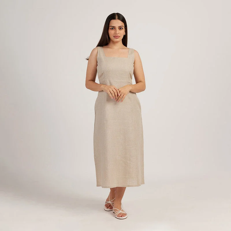 Linen Midi Dress for Women | Mid-Calf Length | Beige