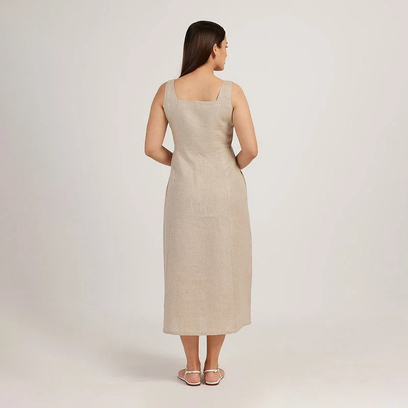 Linen Midi Dress for Women | Mid-Calf Length | Beige