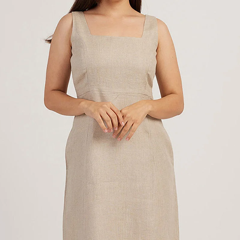 Linen Midi Dress for Women | Mid-Calf Length | Beige