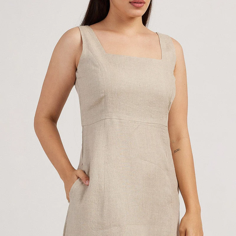 Linen Midi Dress for Women | Mid-Calf Length | Beige