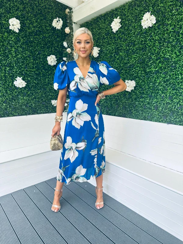 Dahlia Puff Sleeve Midi Dress Floral Blue