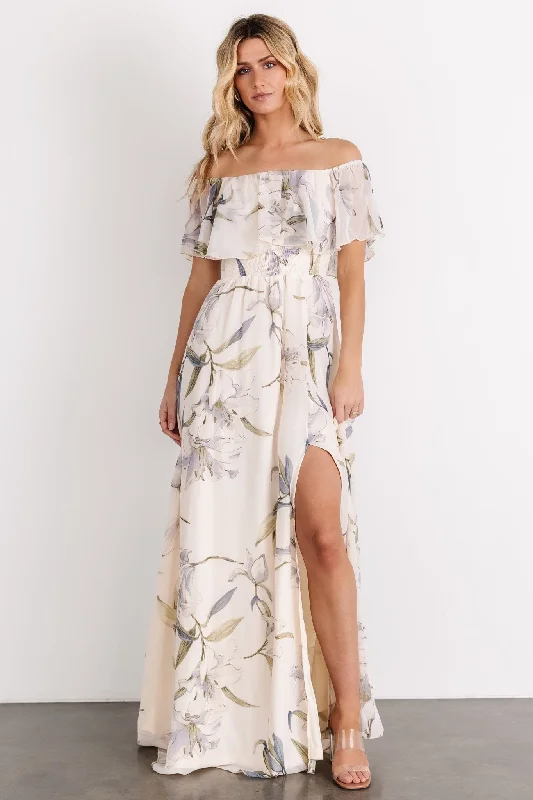 Daphne Off Shoulder Maxi Dress | Beige + Blue Floral