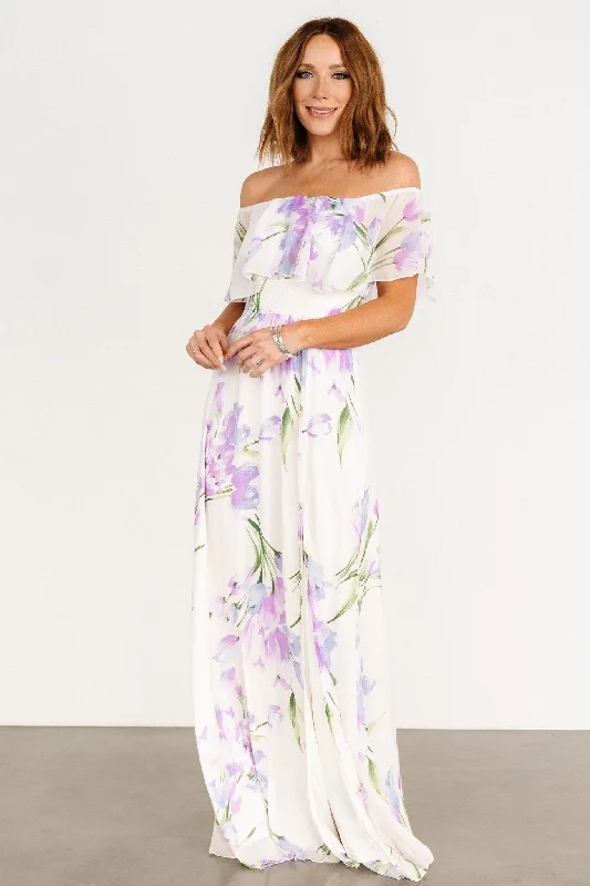 Daphne Off Shoulder Maxi Dress | Ivory + Lavender Floral