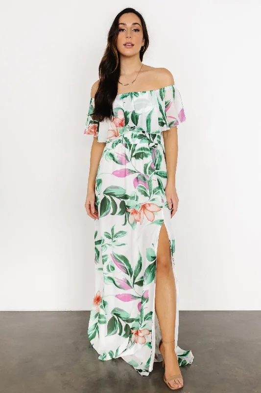 Daphne Off Shoulder Maxi Dress | White + Green Multi Floral