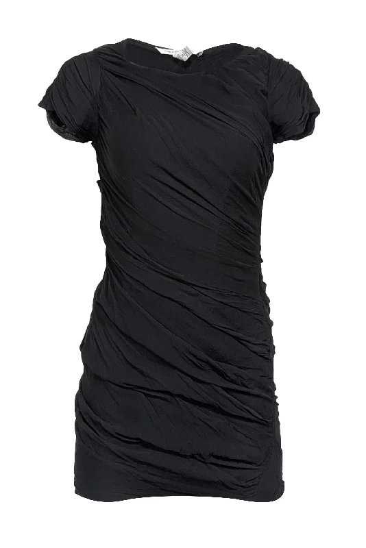 Diane von Furstenberg - Black Short Cap Sleeve Silk Ruched Mini Dress Sz 0