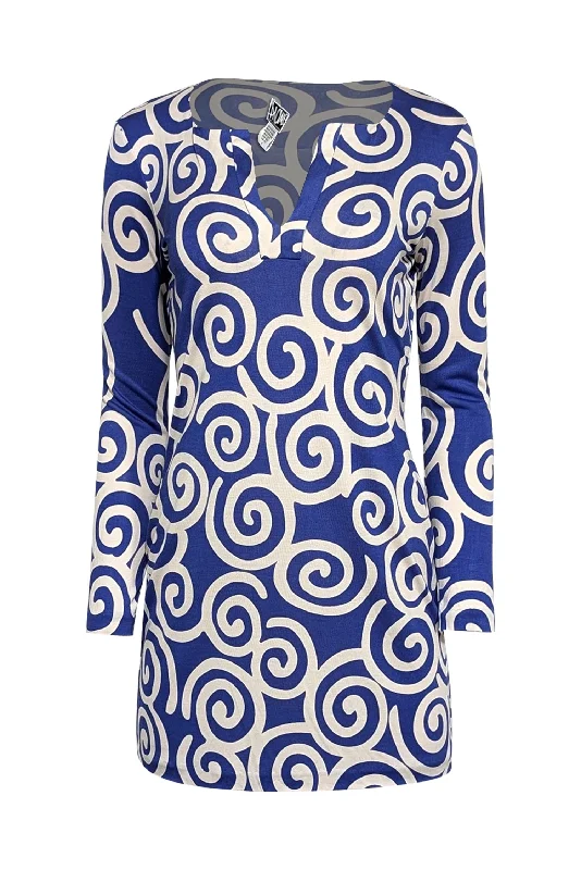 Diane von Furstenberg - Blue & White Swirl Print Long Sleeve Mini Dress Sz S