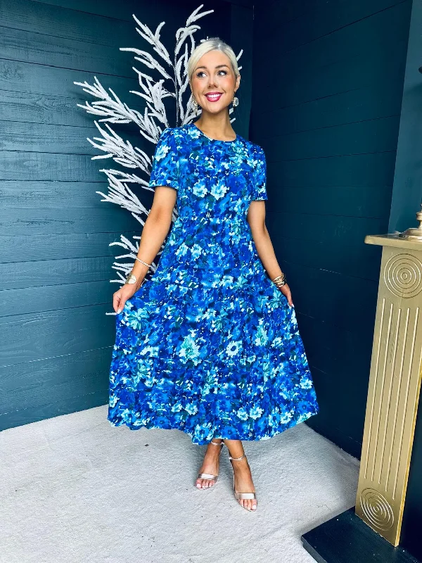 Ellie High Neck Midi Dress Floral Blue