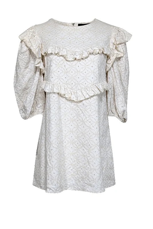 En Saison - Cream Long Sleeve Eyelet Mini w/ Ruffle Details Dress Sz L