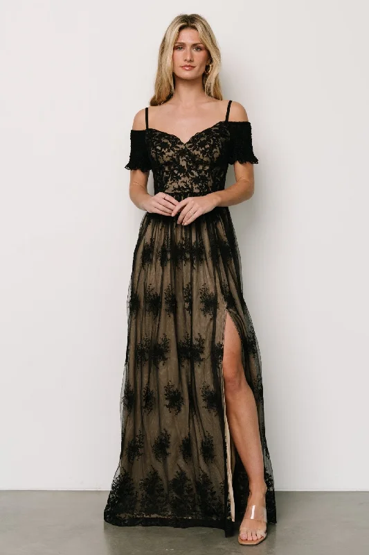 Esperanza Tulle Embroidered Maxi Dress | Black + Nude