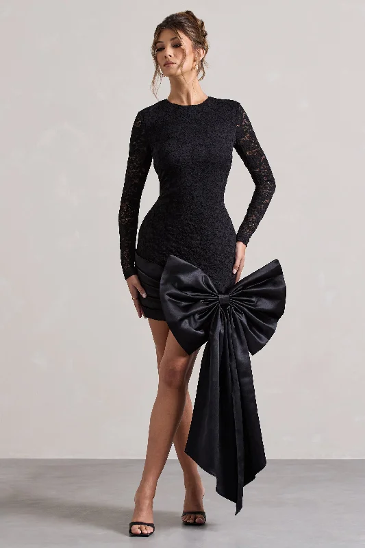 Evry | Black Lace Long-Sleeve Mini Dress With Oversized Satin Bow