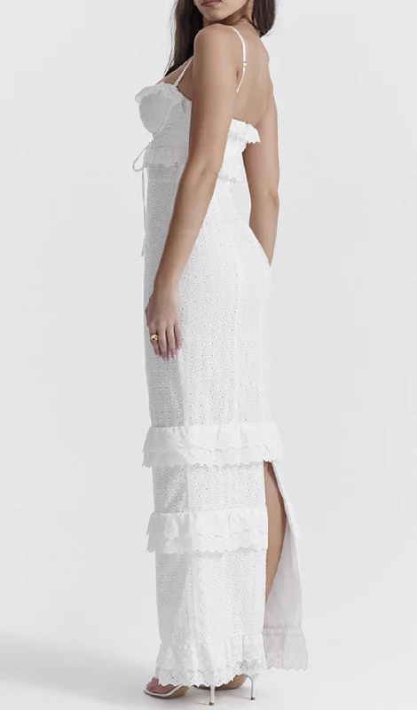 EYELET LACE RUFFLE MAXI DRESS IN WHITE