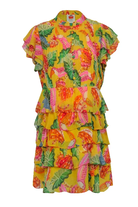 Farm - Yellow Tropical ""Beaks & Bananas"" Print Ruffle Mini Dress Sz S