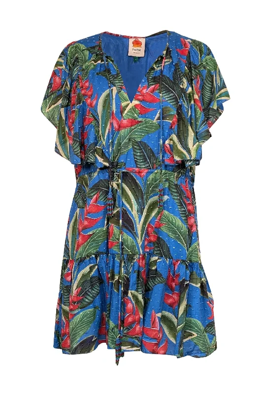 Farm - Blue w/ Green & Red Botanical Print Swiss Dot Mini Dress Sz L