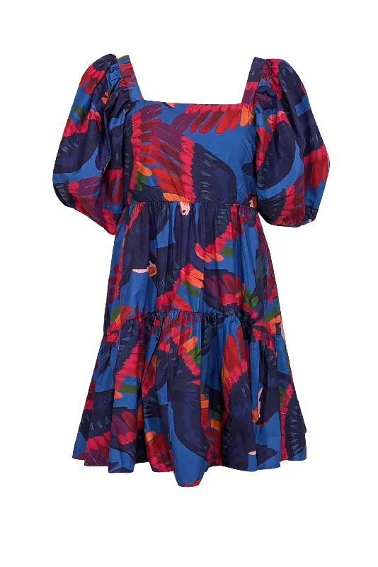 Farm - Blue w/ Rainbow Macaw Print Poplin Mini Dress Sz M